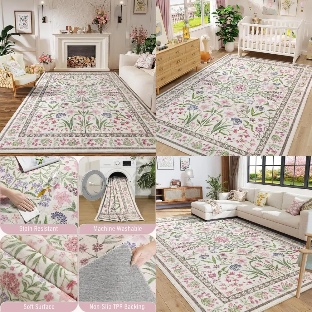 

Amearea 6x9 Feet Floral Area Rugs for Living Room, Boho Pink Rugs for Bedroom Girls, Cute Kids Room Print Carpet Vintage Low Pil