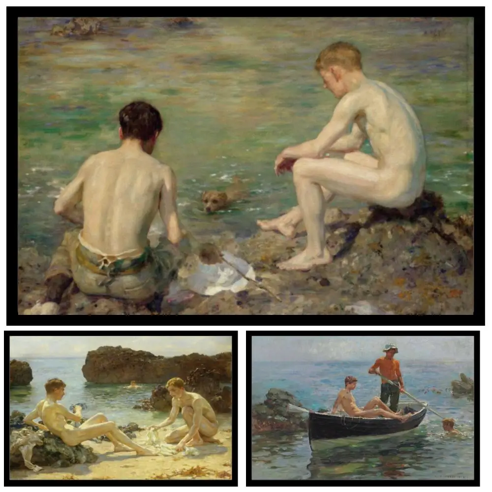Henry Scott Tuke Badegäste Leinwand-Kunstdruck, HD-Meereslandschaftsmalerei, sonnenbeleuchtete nackte Figuren, Küste, große Wandkunst für Kunststudio-Studien