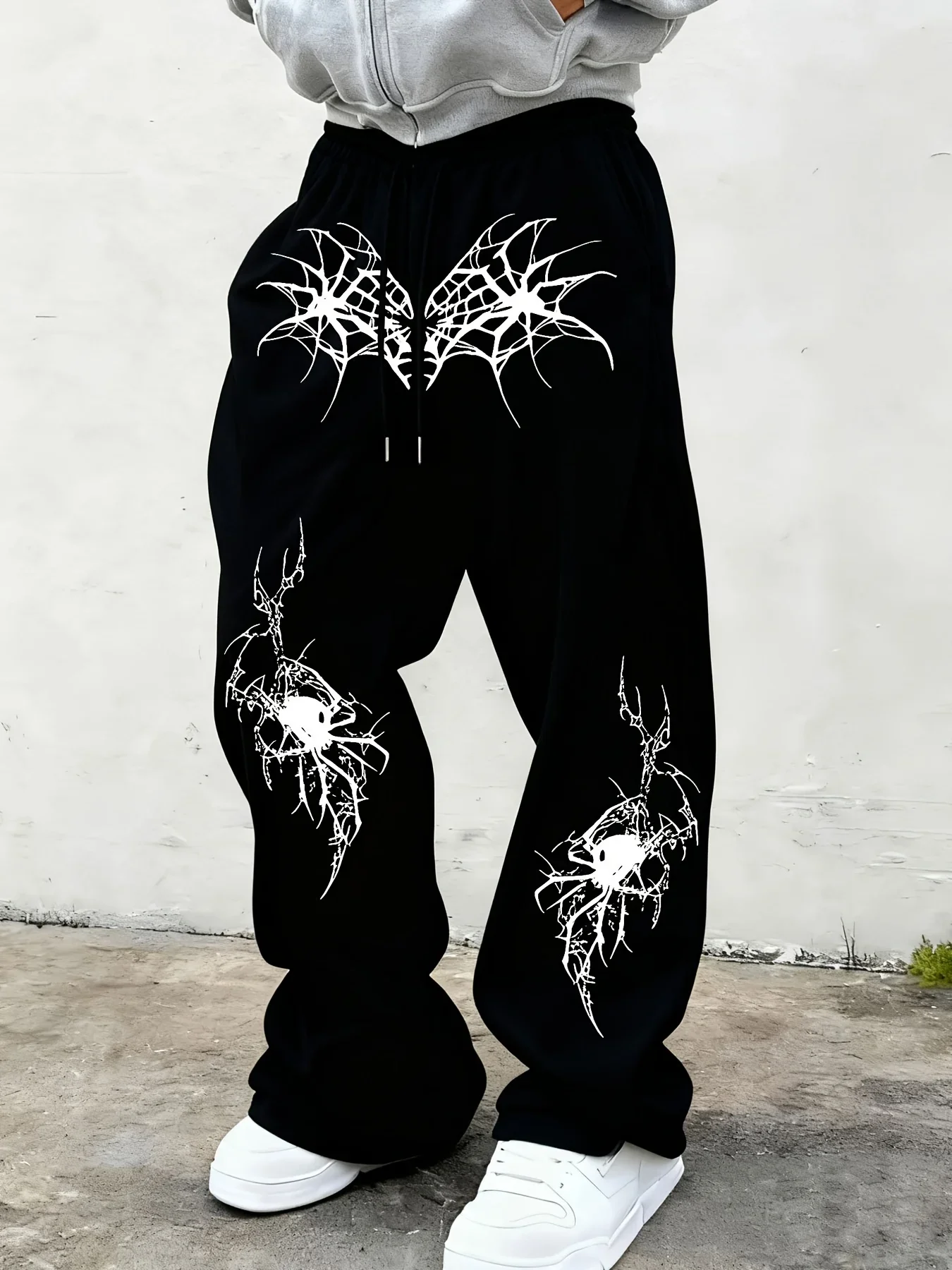 

Men's Black Wide Leg Jogging Pants with Spider Web Print and Skull Spider Pattern on The Knees, Gothic Street Pants Sweatpants
