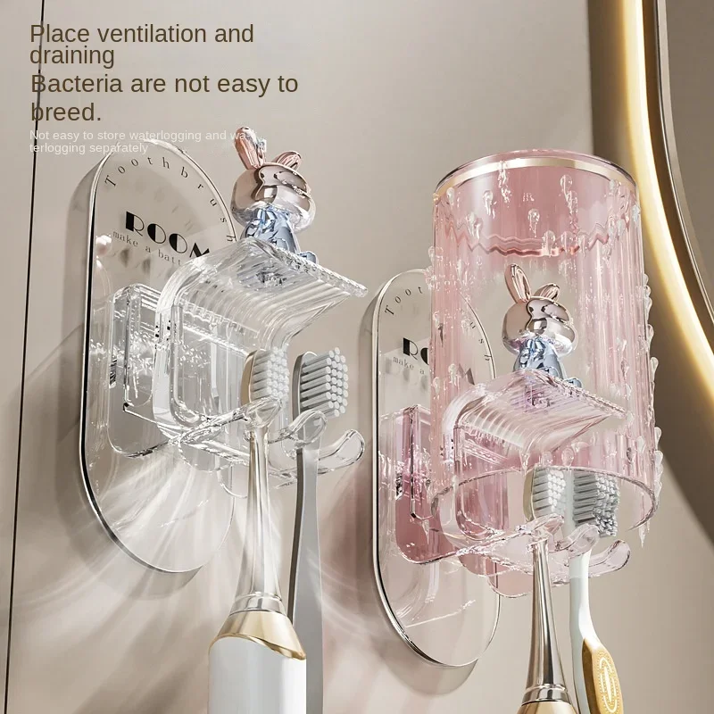 Cute Rabbit Toothbrush Rack Bathroom Wall-mounted Electric Toothbrush Cup Punch-free Mouthwash Cup Hanger