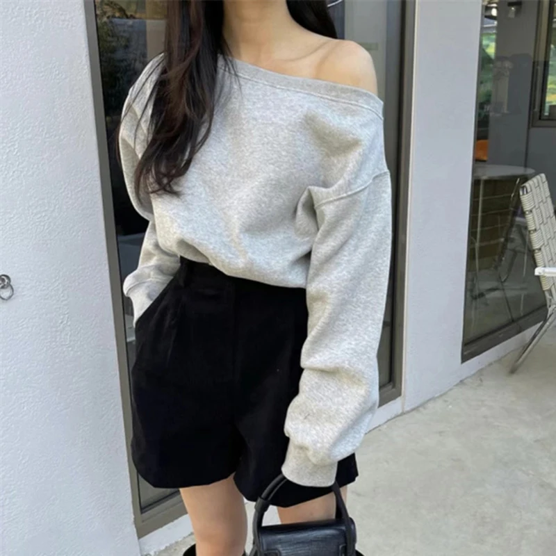 2024 Chic Irregular Off Shoulder Hoodies Women Korean Fashion Solid Color Crop Tops Woman Long Sleeve Streetwear Pullover Mujer