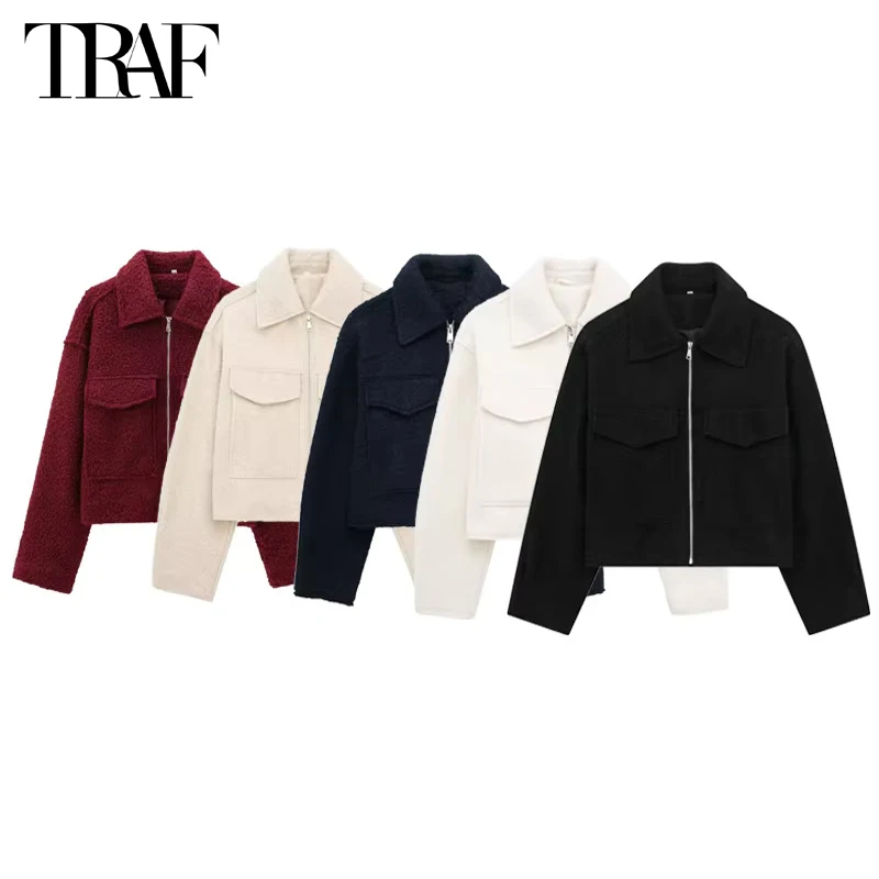 TRAF Cropped Bomber Jackets for Women White Black Tweed Jacket Woman Autumn Zipper Oversize Jacket Women Long Sleeve Women Coats