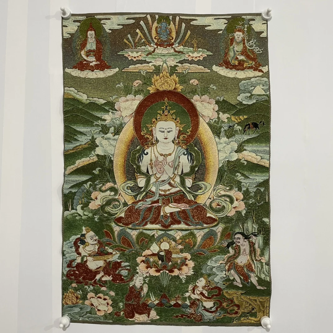 

35"Thangka Embroidery Tibetan Buddhism silk Embroidery Amitayus Void BodhisattvaBuddha Terrace Thangka hanging screen Town house