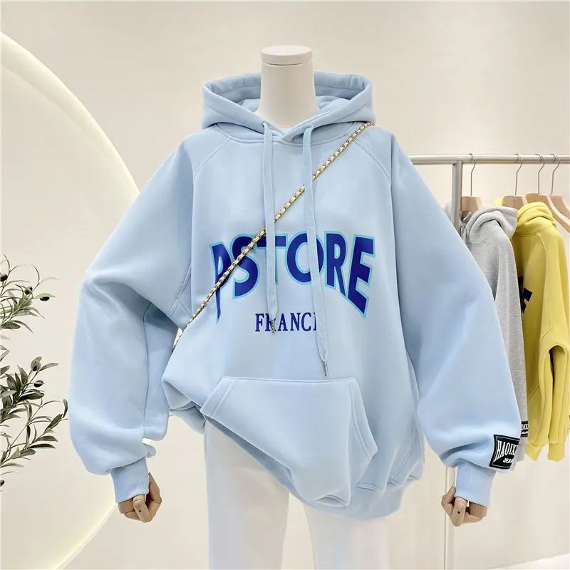 2024 Autumn Winter New Korean Printed Letter Hoodies Women's Hooded Jacket Loose Plus Velvet Thick Long-sleeved Top Trend Women