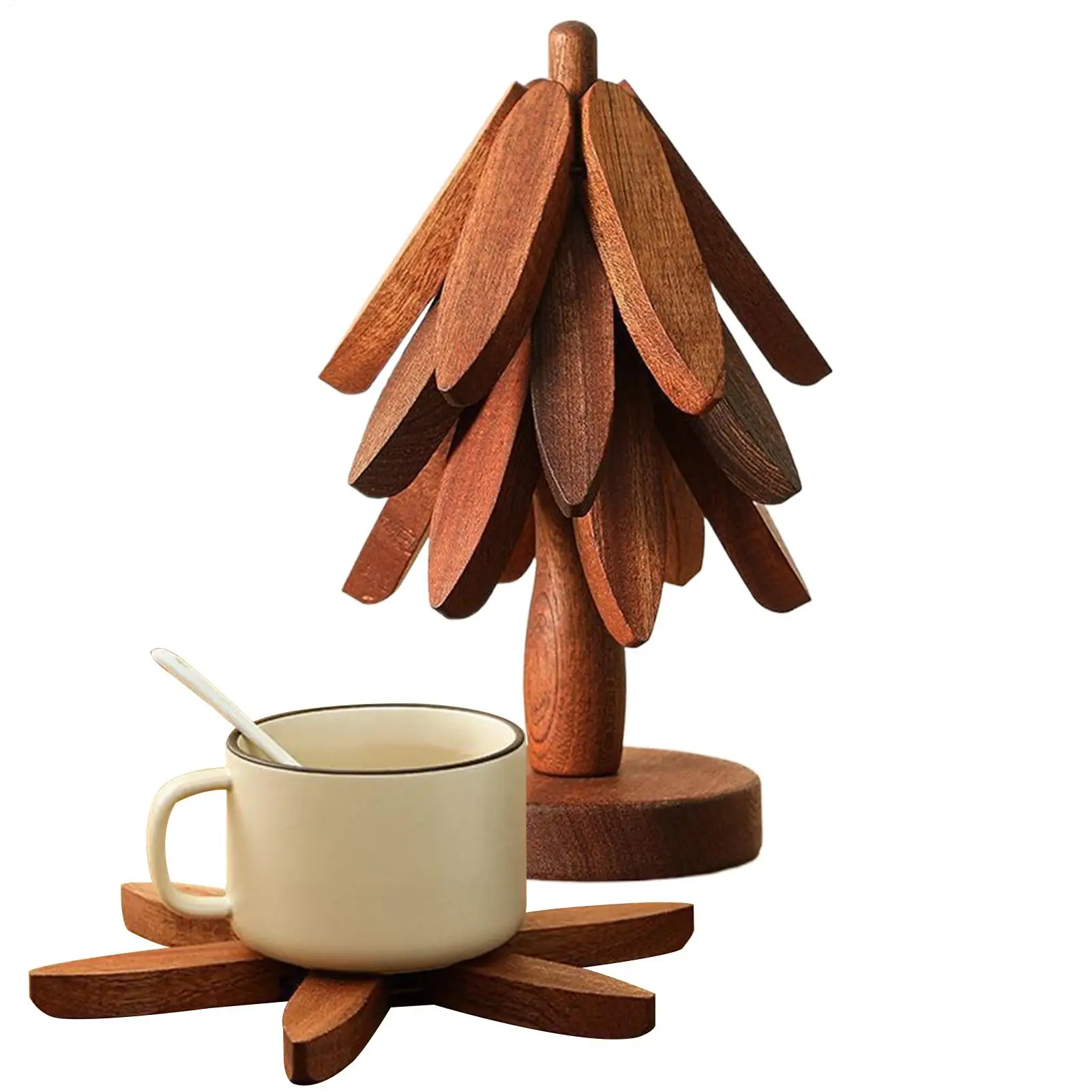 4 Stativ und 1 Halterung, Untersetzer aus Holz für heiße Gerichte, zusammenklappbares Baumform-Tischset aus schwarzem Walnussholz, wärmeisoliertes Pad-Set