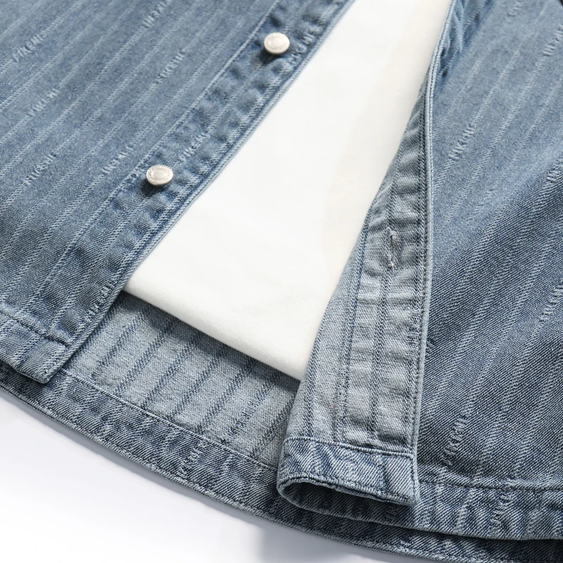 قميص دينم مخطط من قماش الجاكار الأمريكي ثقيل الوزن للرجال لعام 2025 - سترة قميص كبيرة الحجم بأكمام طويلة لربيع/خريف