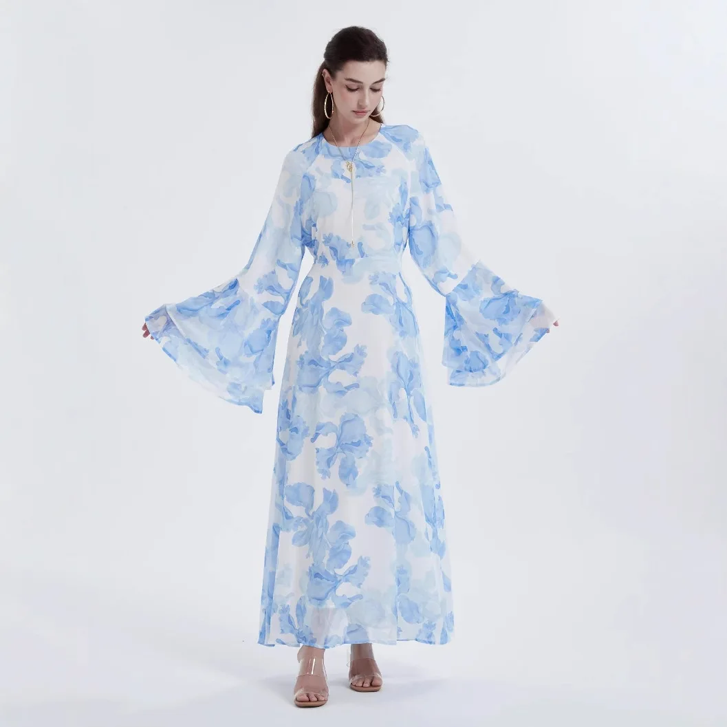 2026 New Elegant Dubai Blue Color Flower Pattern Double Layers Flare Cuff Modest Flowing Style Muslim Dress Women Chiffon Abaya