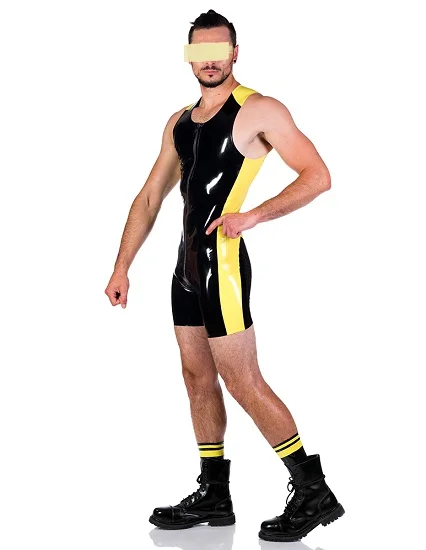 100% Latex Rubber Black Yellow Casual Sports Fitness Men Bodysuit 0.4mm Masquerade ball