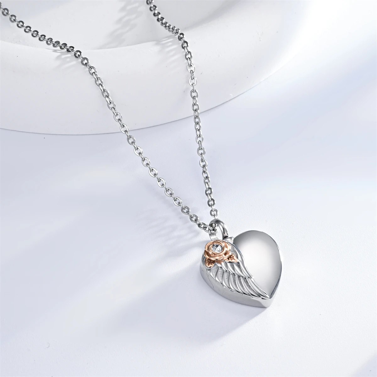 Stainless Steel Urn Necklace for Ashes Rose Cremation Jewelry with Crystal Heart Wing Ashes Pendant Necklace Memorial Gift