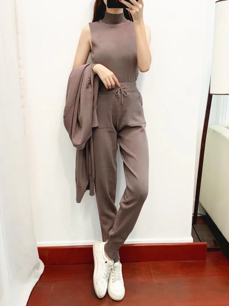 2024 new autumn and winter fashion temperament suit women casual knitted cardigan vest pants three-piece set women