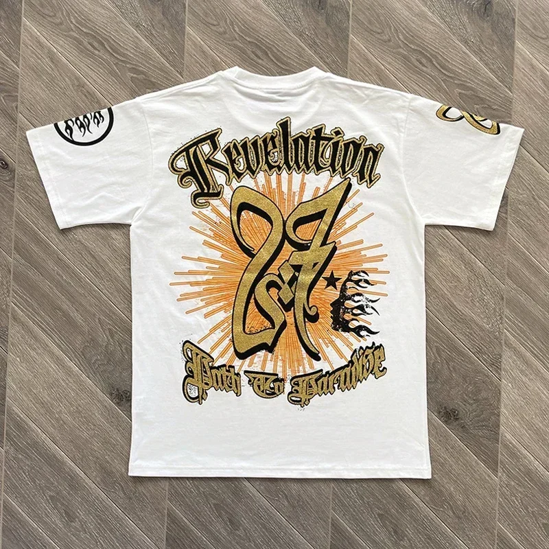 

Футболки 24ss с принтом шлема, мужские и женские футболки из чистого хлопка с золотым блеском и короткими рукавами в масштабе 1:1 HELLSTAR