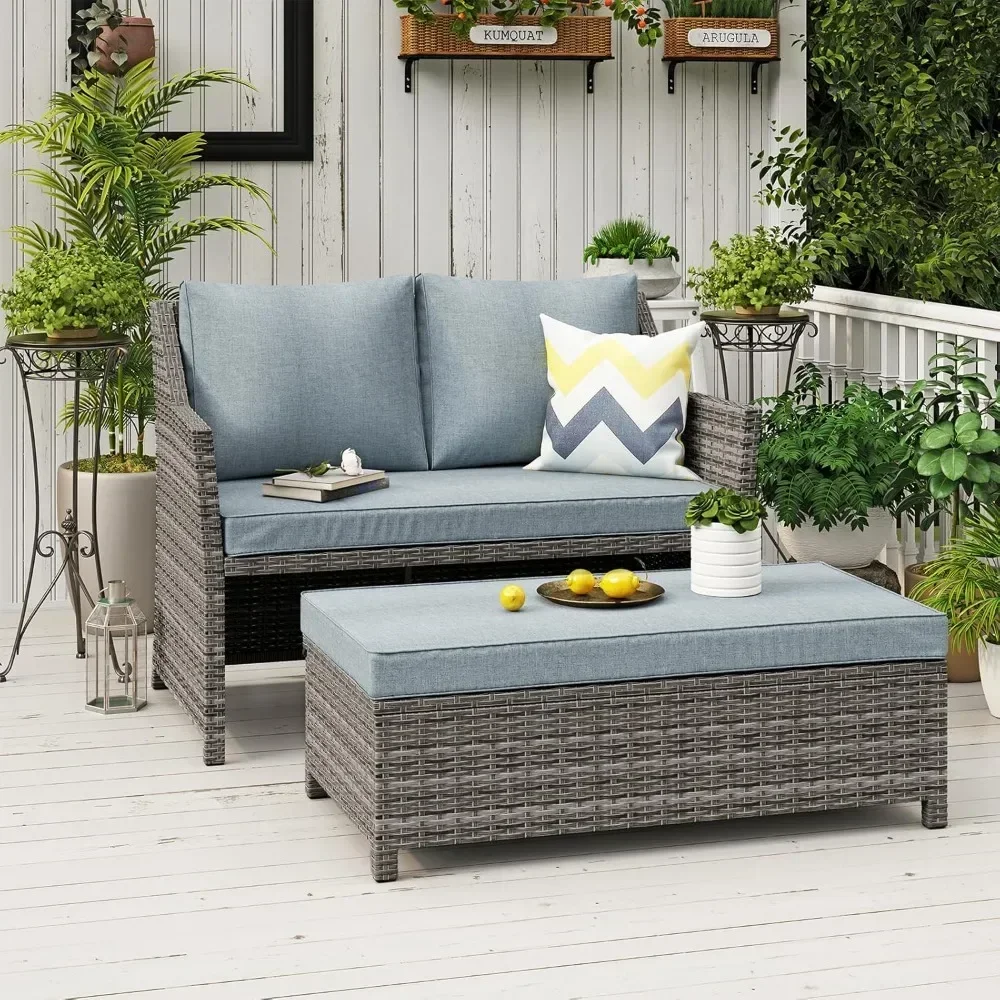 Casual  Outdoor Patio Furniture Wicker Love-seat and Coffee Table Set, with Built-in Storage Bin