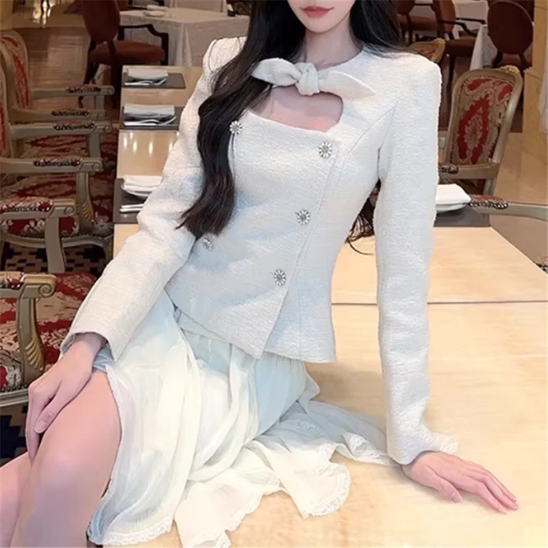 

Роскошная элегантная женская бежевая куртка с квадратным вырезом и бантом, французская осень, знаменитость, женское тонкое короткое пальто, двубортная верхняя одежда