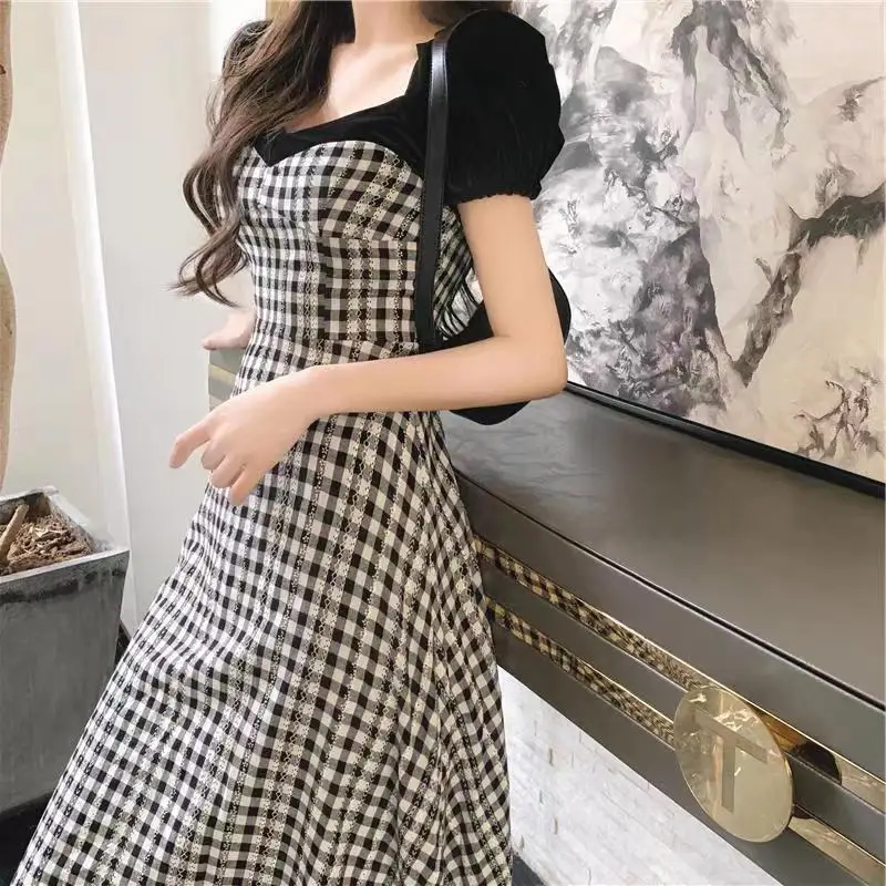 2023 Summer New Square Neck Puff Sleeve Waist Retraction Midi Dress Women Fashion Casual Sweet Fake Two Pieces Vintage Dresses