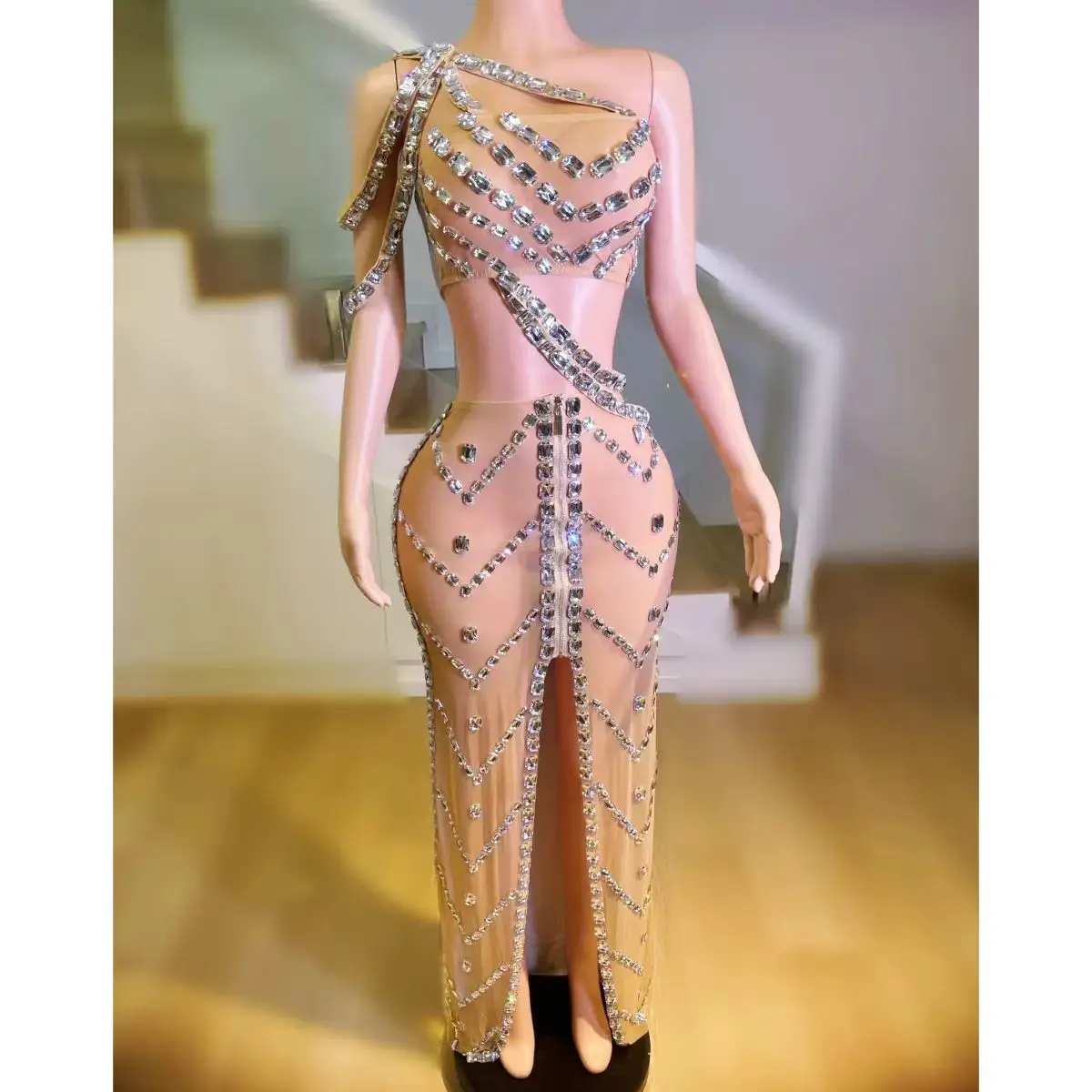 

Sexy Full Diamond Perspective Mesh Long Dress Nightclub DJ Bar Female Singer Dance Team Stage Costume Party Theme Show Clothing