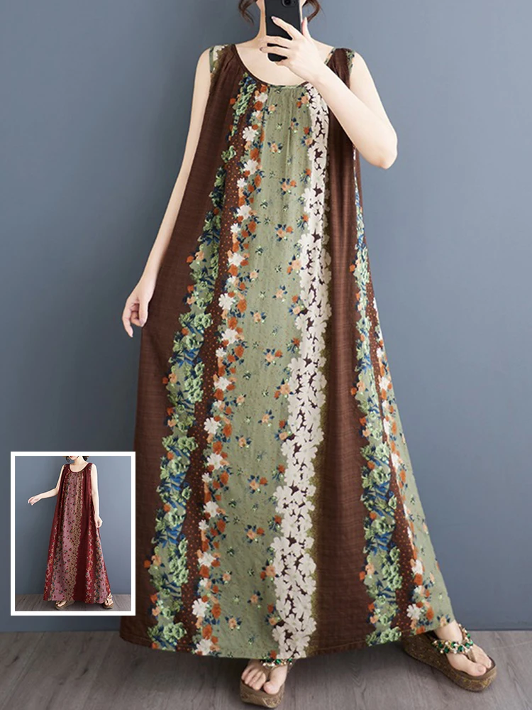 Ethnic Print Bal Svel Long Dr round Ne Button Large Size Women's Summer Vest Skirt Commute Sle Loose Waist