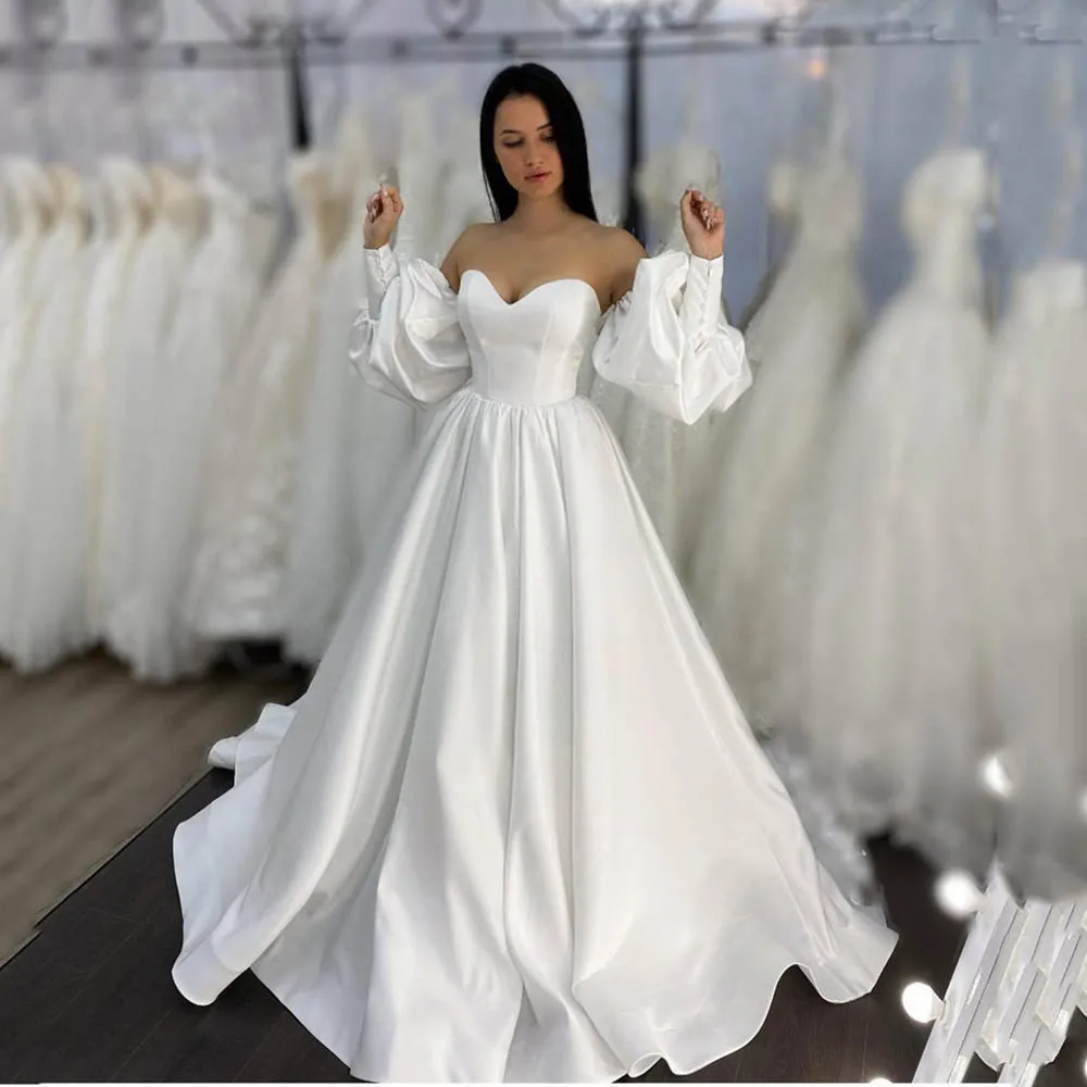 

SoDigne Elegant Satin Wedding Dresses Sweetheart A Line Bridal Gown Detachable Puffy Sleeves Bride Dress Women