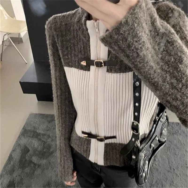 Autumn Winter Women's Golf Clothing Round Neck Splice Sweater Ladies Golf Wear Coat Cardigan Fashion Slim Shorts Knit Top 골프웨어여성