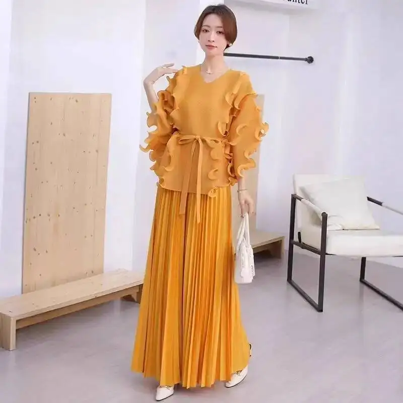 

Set Women's Pleated New Solid Color Long Sleeve Stringy Selvedge Loose New Top And Wide Leg Pants Two-Piece Sets 2M9XB