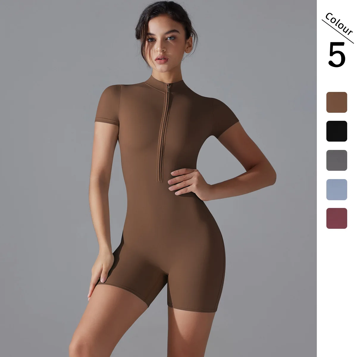 

Women's Yoga Bodysuit Summer Zipper Short Sleeve Shorts Fitness Tight Sports Jumpsuit Breathable Quick Drying Gym Yoga Clothing
