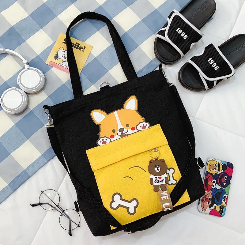 JYSHINE Lovely Canvas Women Bag Cute Cartoon Canvas Shoulder Bag for Girls Student Crossbody Handbag Casual Tote Shopping Bag