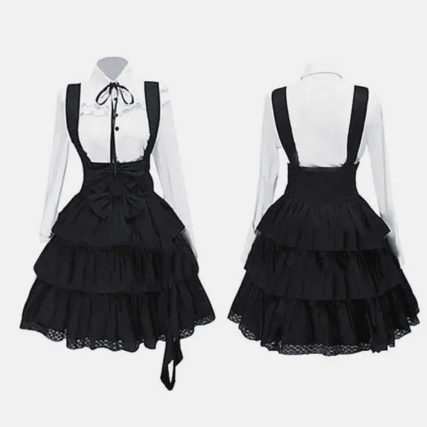 Femmes Classique Lolita Robe Vintage Femmes Tenues Cosplay Anime Inspirée Bol Manches sulfNoir Longueur Genou Chemise Robe S-5XL