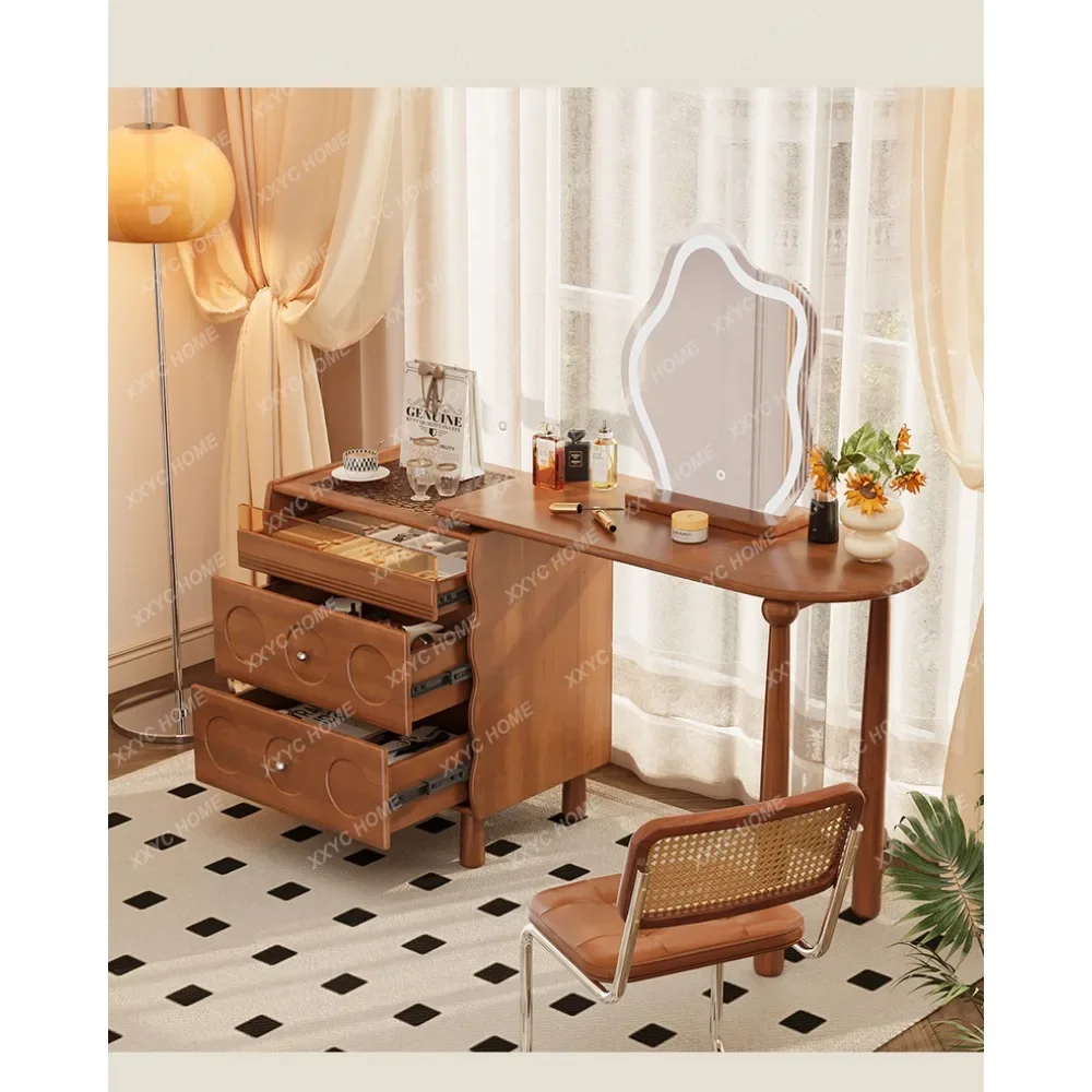 Solid Wood Retractable Dresser Retro Simple Master Bedroom Small Apartment Bedside Chest of Drawers Makeup Table Integrated Desk