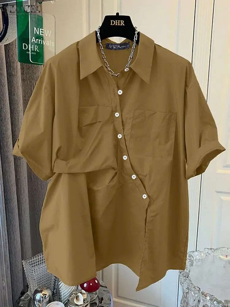 

ZANZEA 2022, офисная женская блузка, модные летние рубашки, повседневные блузки с лацканами и половиной рукава, элегантная однотонная рабочая рубашка, топы на пуговицах