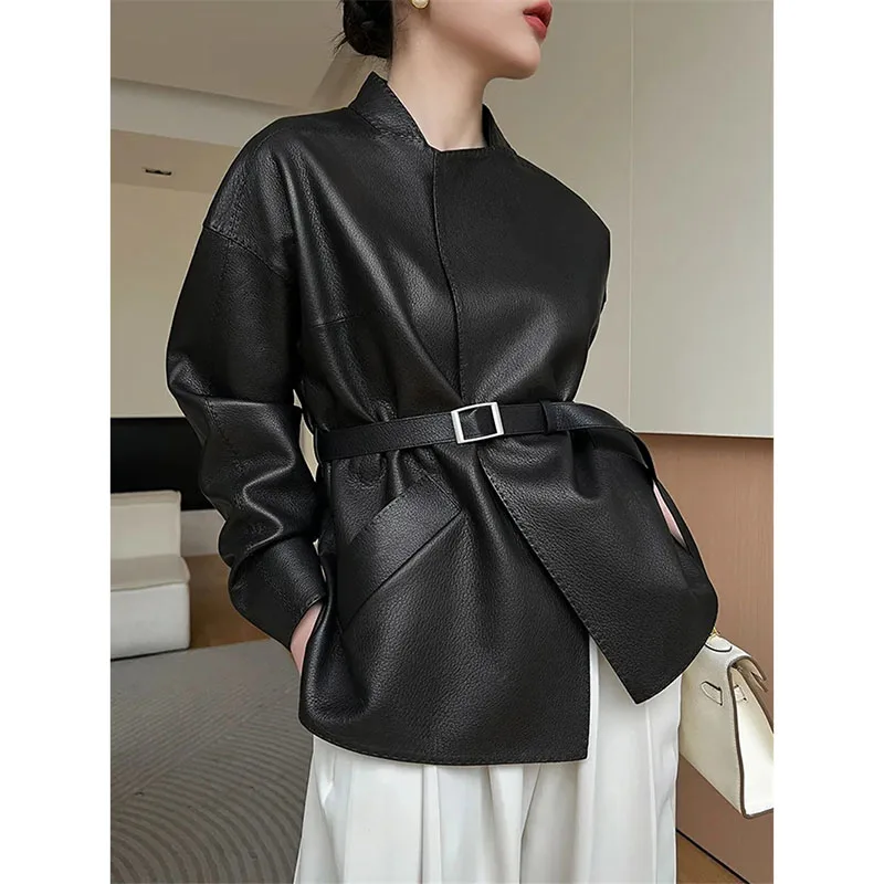 

High End PU Leather Jacket 2025 NEW Women's Spring Autumn Korean Version Black Short Belt Leather Coat Female 4XL