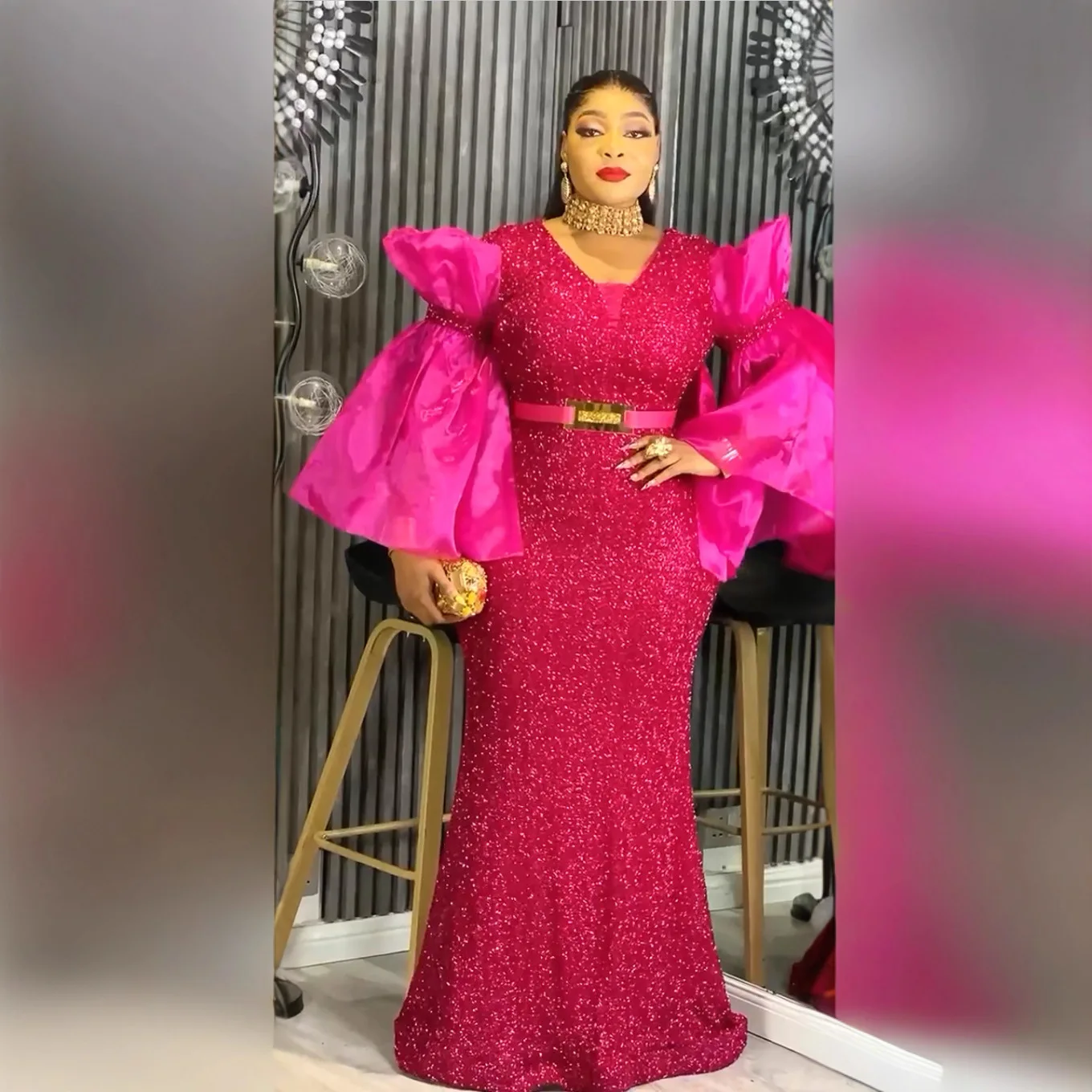 فساتين الحفلات الأفريقية مقاس كبير للنساء Dashiki ترتر مثير Bodycon فستان طويل أنيق مسلم عيد الميلاد الزفاف ثوب مسائي #5