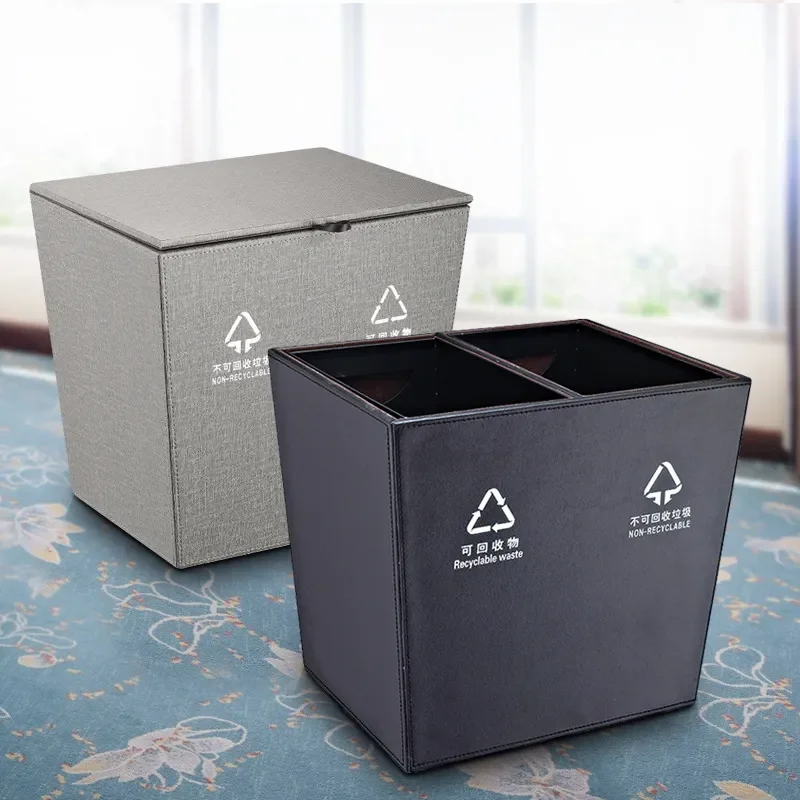 for Double Layer Leather Pattern Trash Can Square Flip Top Sorting Bin for Hotel Room Home Office Waste Basket