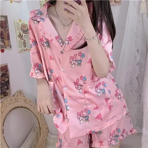 Sanrio Kuromi Hello Kitty Pajamas Women Nightgown Loose Cute Soft Girl Summer New Short Sleeved Sleepwear Home Clothe Sets Y2k
