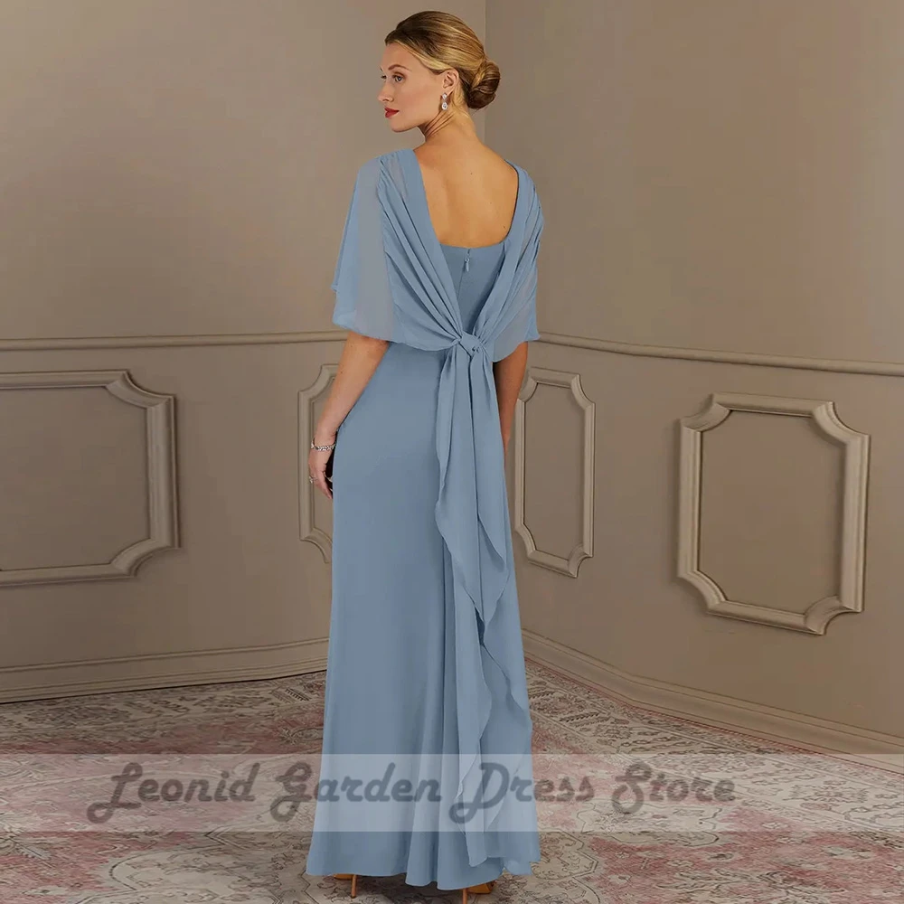 Elegante azul chiffon mãe da noiva vestido jóia pescoço sem mangas personalizado simples vestido de festa de casamento zíper volta personalizado