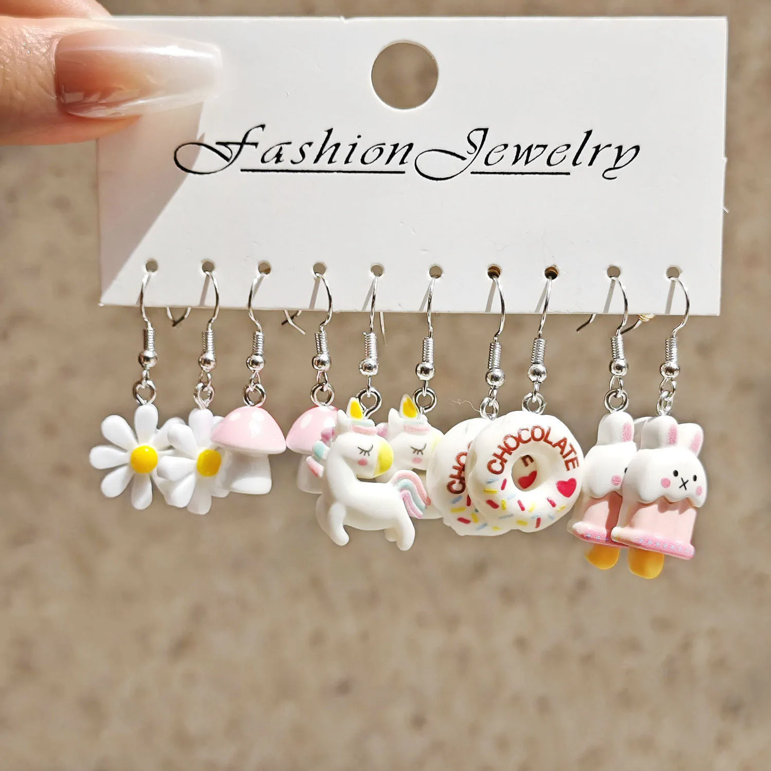 Cross border fashion cartoon animal white horse daisy resin simulation food donut earrings white set