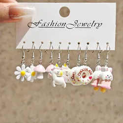 Cross border fashion cartoon animal white horse daisy resin simulation food donut earrings white set