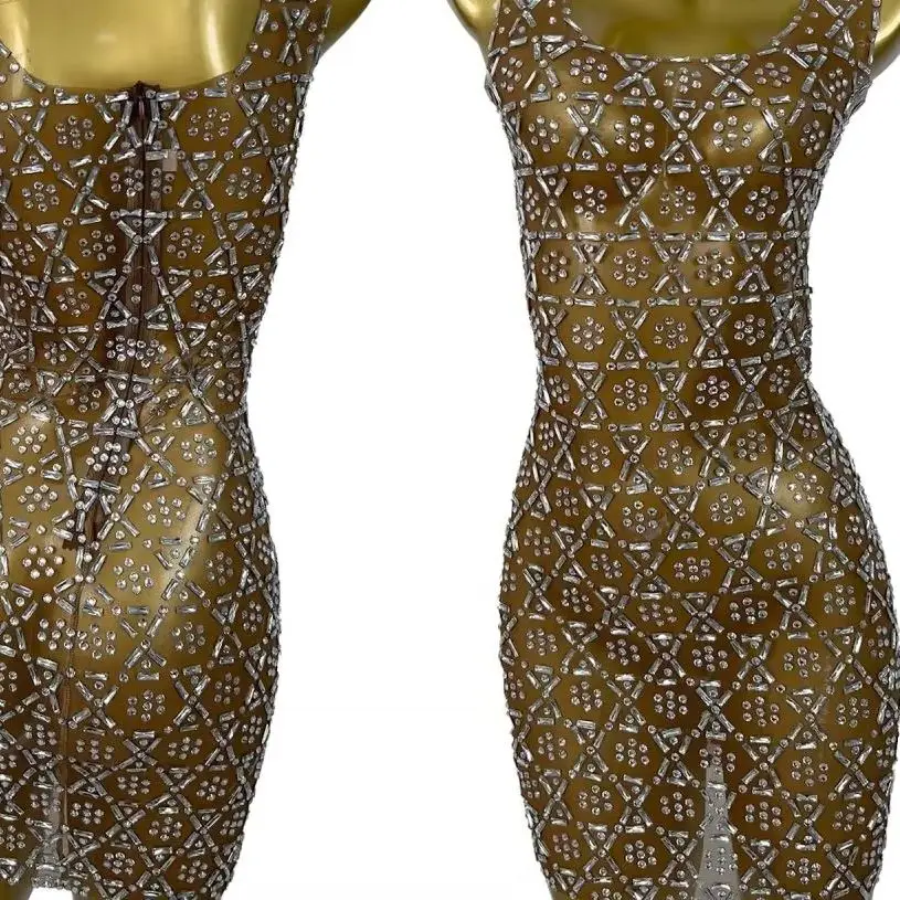 

Sparkly Rhinestone See Through Mesh Cocktail Dress Sexy Women Dance Show Mini Dress Party Club Stage Celebrate Outfit Liujiao