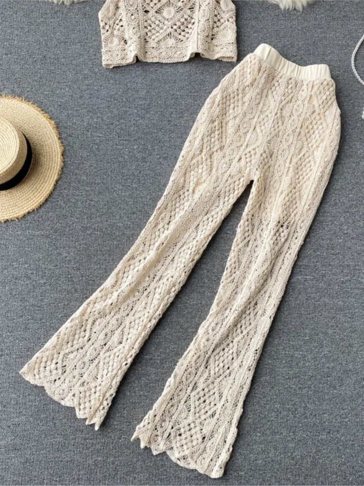 Women Summer Sexy Sleeveless Hollow Out Knitted Short Strap Tops Long Flare Pants Two Piece Suits Boho Beach Clothing