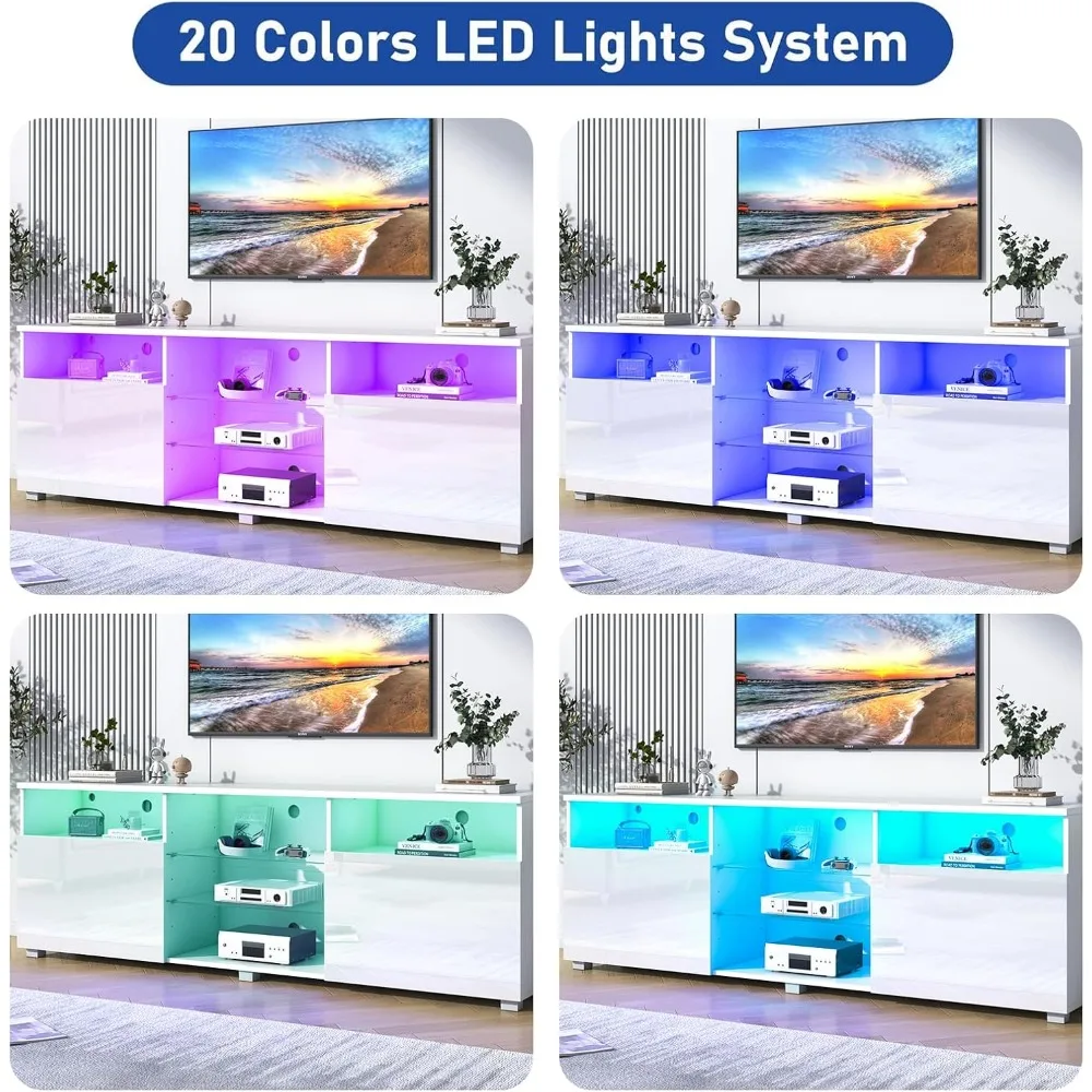 Vinctik 70 inch moderne witglans tv-standaard - hoge opslag voor 75-80 inch tv's, RGB-licht, perfect voor woonkamer