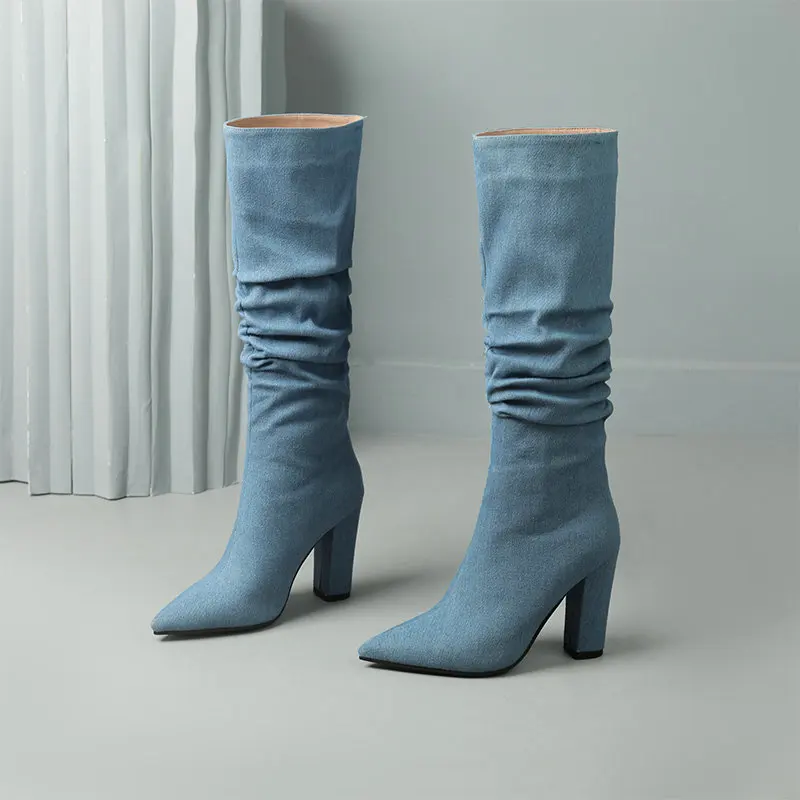 2024 Charm Denim Jeans Blue Black Pointed Toe Stiletto Shoes Slip-on Winter Luxury Shoes Block High Heels Knee-high Women Boots