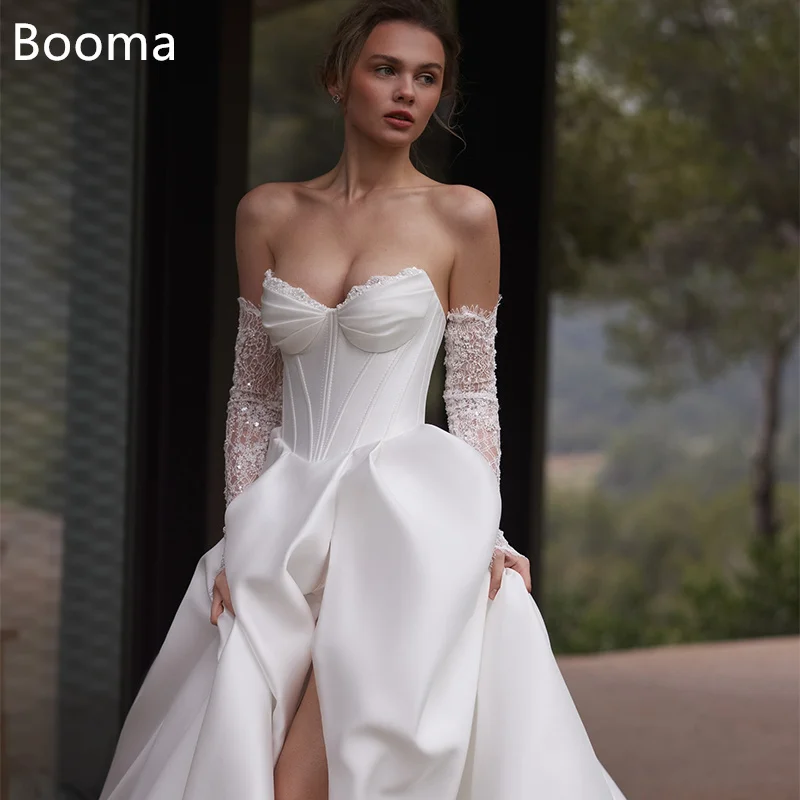 

Booma A-Line Strapless Wedding Dresses Lace Sleeveless Long Side Split Satin Elegant Brides Gown Custom Made 2025