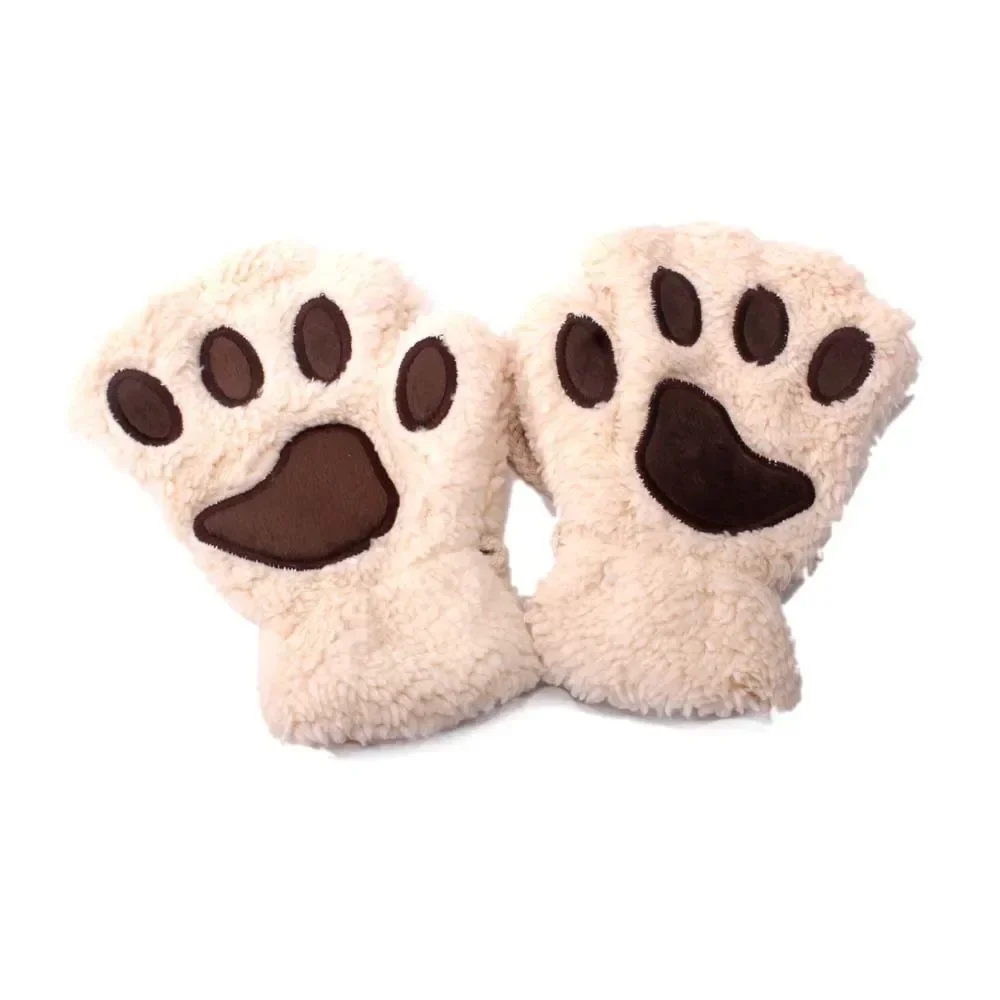 1 Pair Warm Furry Kids Glove Sweet Cartoon Kitten Paw Half-finger Gloves for Children Autumn Winter Thicken Plush Mittens