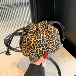 Small Drawstring Shoulder Bag For Women Brand Designer Handbag And Purse 2024 New Bucket Crossbody Bag Vintage Leopard Bolsas