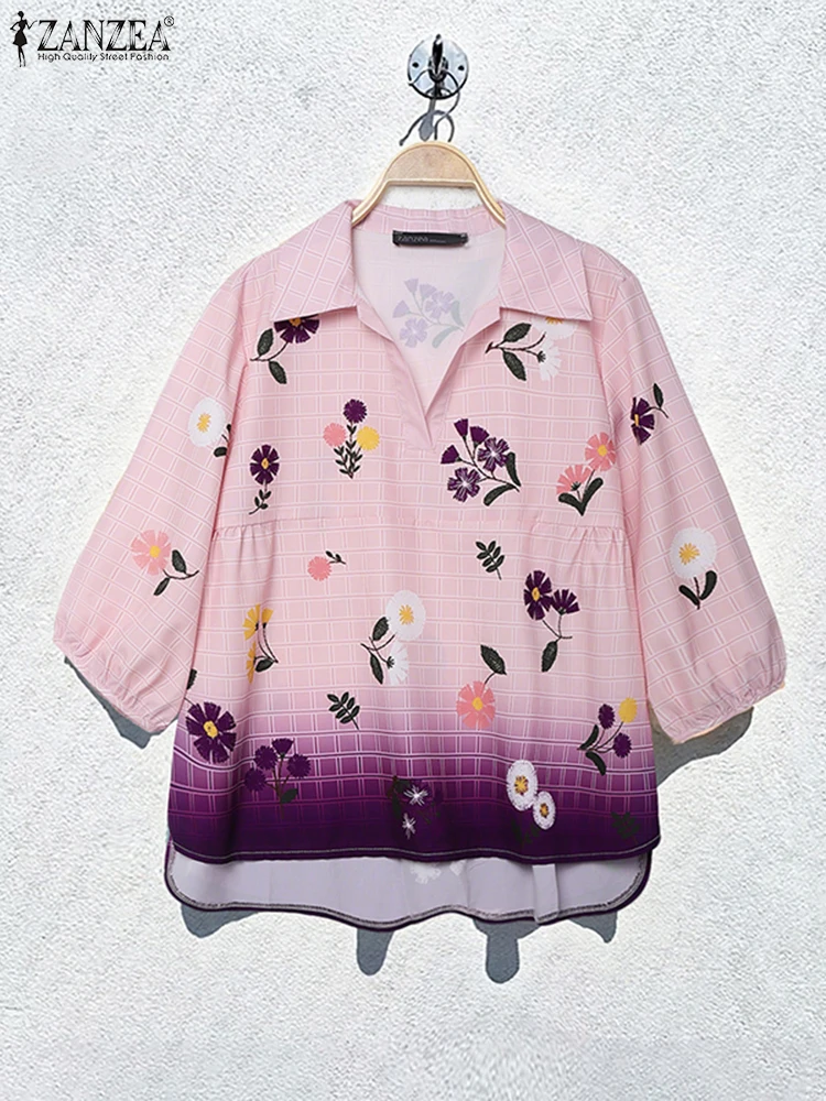 

ZANZEA, модная женская блузка с цветочным принтом, повседневные рубашки, осень 2023, пуловеры с рукавами 3/4 и лацканами, градиентный элегантный корейский топ Blusas