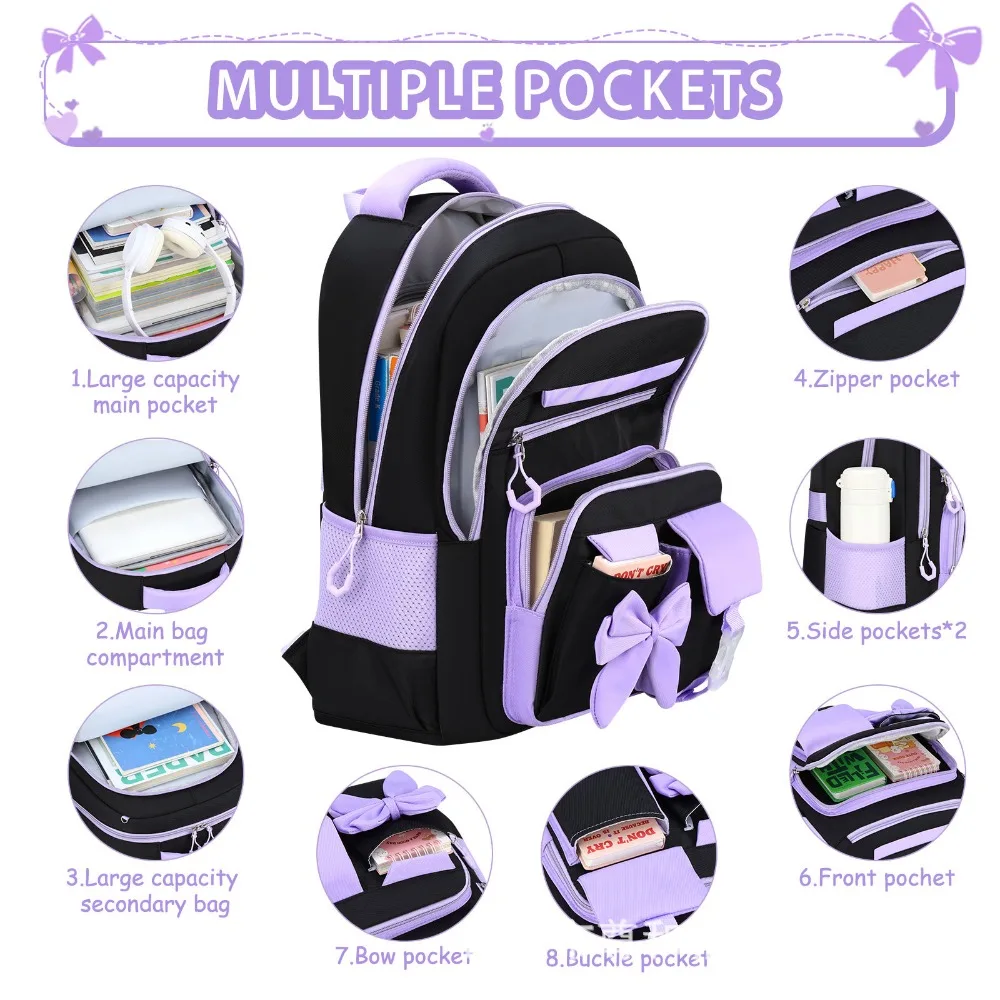 Juego de 3 Piezas de Mochila, Lonchera y Estuche de Lápices con Diseño de Dibujos Animados, Tela Oxford Impermeable, Mochila Escolar con Lazo, Ligera y de Gran Capacidad