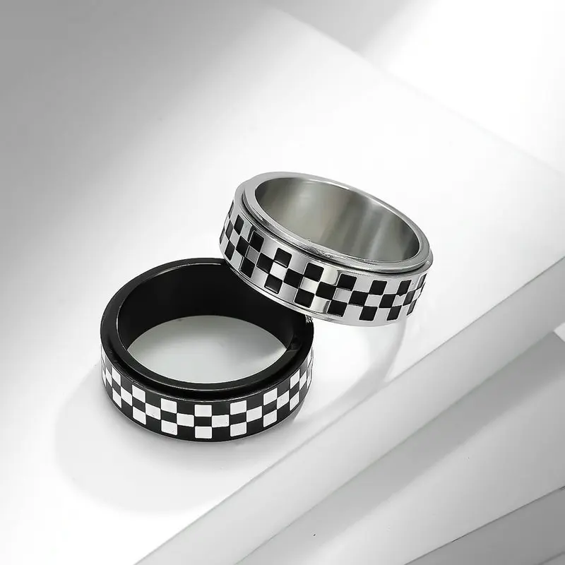 Rotatable Stainless Steel Racing Flag Go Black & White Grid Men's Decompression Ring - Stress Relief Accessory for Men
