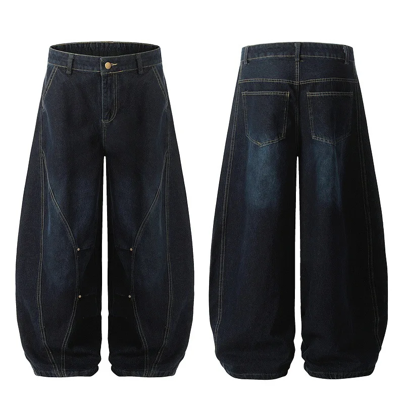 جينز سكيميتار أمريكي عتيق للرجال والنساء ملابس خروج مستقيمة تفكيك جينز مغسول للزوجين أزرق داكن فضفاض من قماش الدنيم