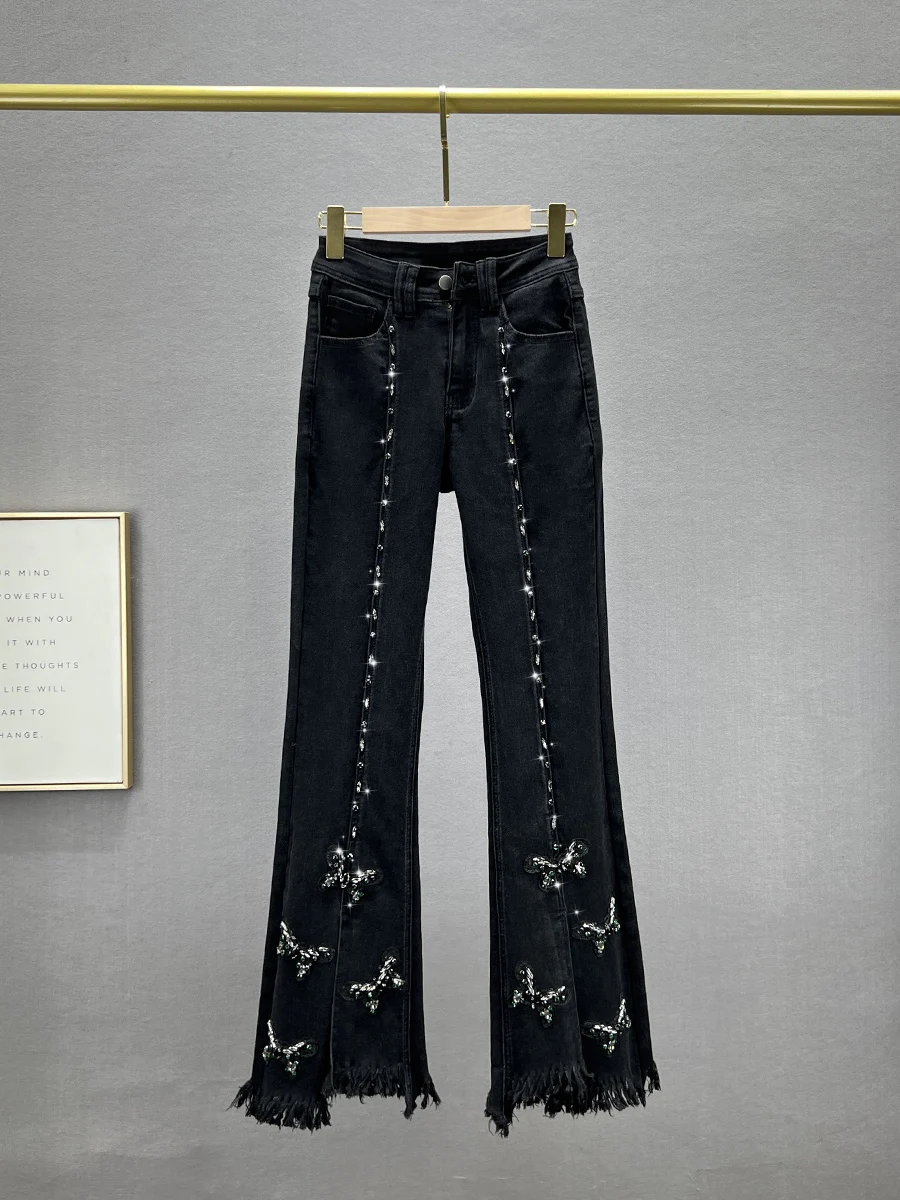 

High Waist Flared Jeans Women's Trendy 2023 New Autumn Slimming Heavy Embellied Diamond Frayed Floor-Length Pants