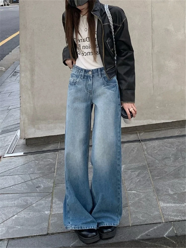 

American Retro Blue Low Waist Wide Leg Jeans Women Tall Extended Washed Loose Straight Floor-Length Pants High Street
