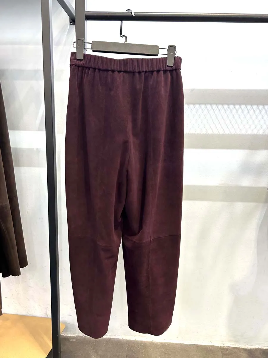 Retro Burgundy Leather Ankle-Length Pants Women Elastic Waist Suede Sheepskin Wide Leg Length Straight Cylinder Trousers