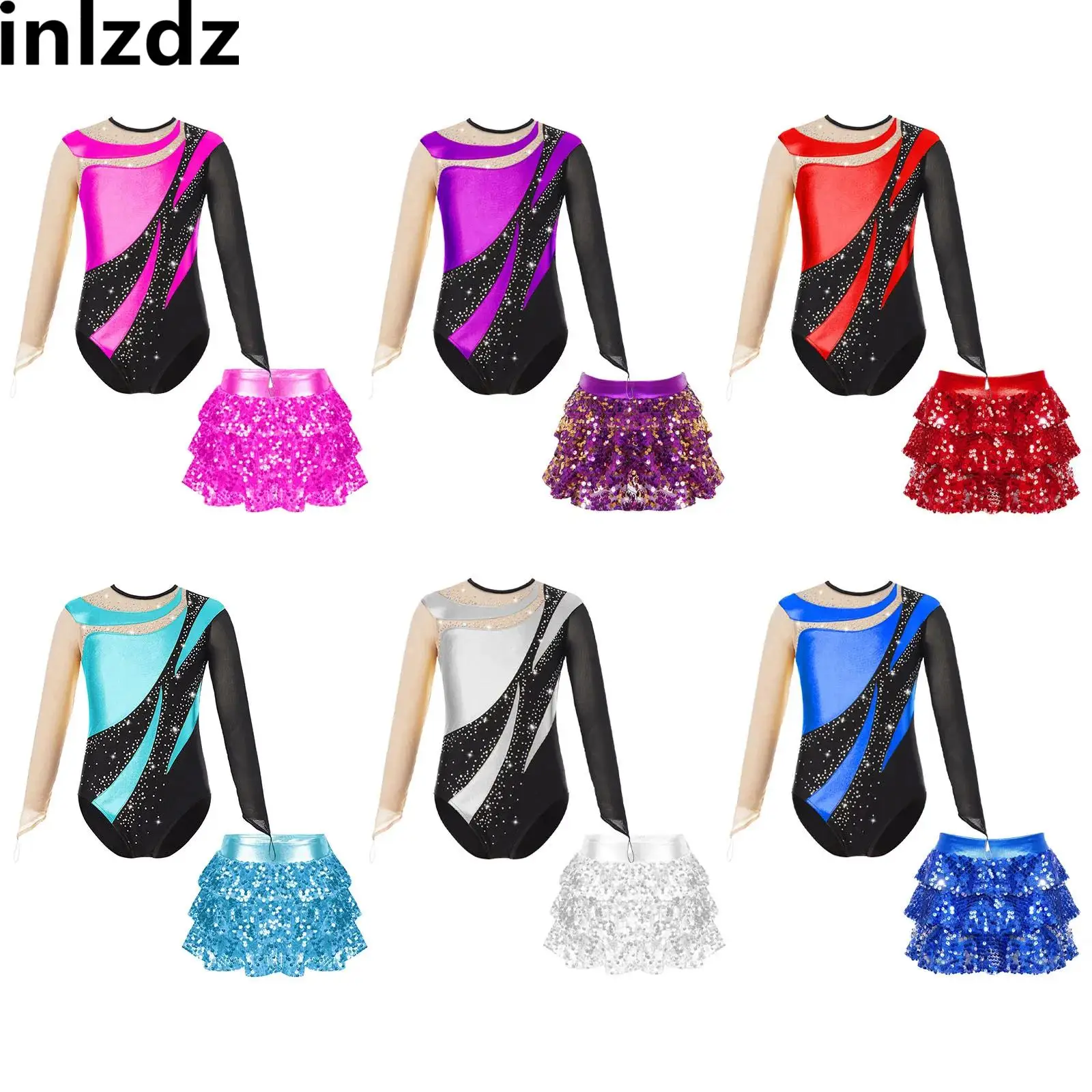 

Kids Ballet Gymnastics Outfits Girls Figure Skating Performance Dancewear Long Sleeve Leotard+Sequins Skirted Shorts 2-piece Set